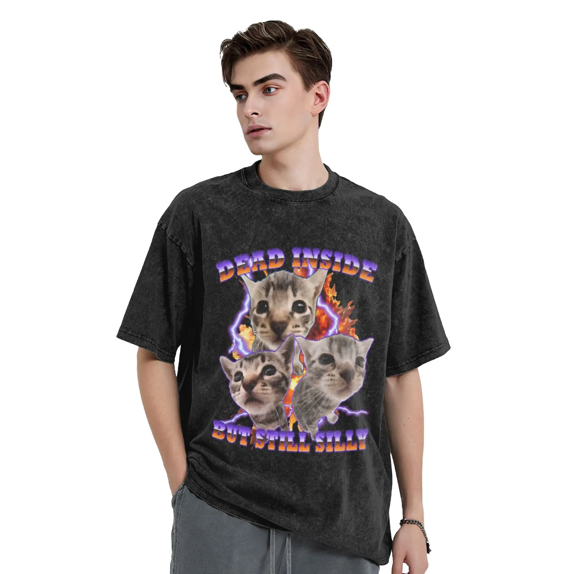 Dead inside but still silly funny cat meme Unique Stylish A Vintage Oversized Cotton Unisex T-Shirts