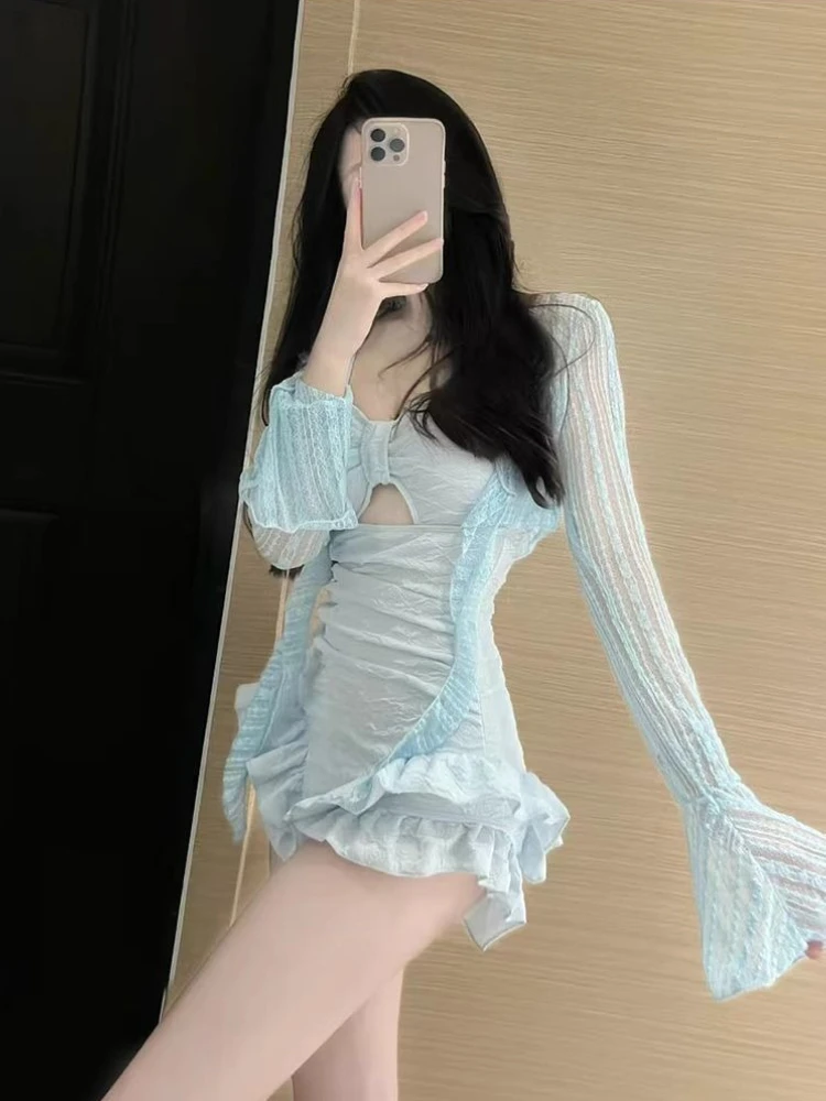Women's Elegant Long Sleeve One Piece Swimsuit Slimming Ruffle Trim Modest Bathing Suit Tummy Control Swimwear For Vacation Spa