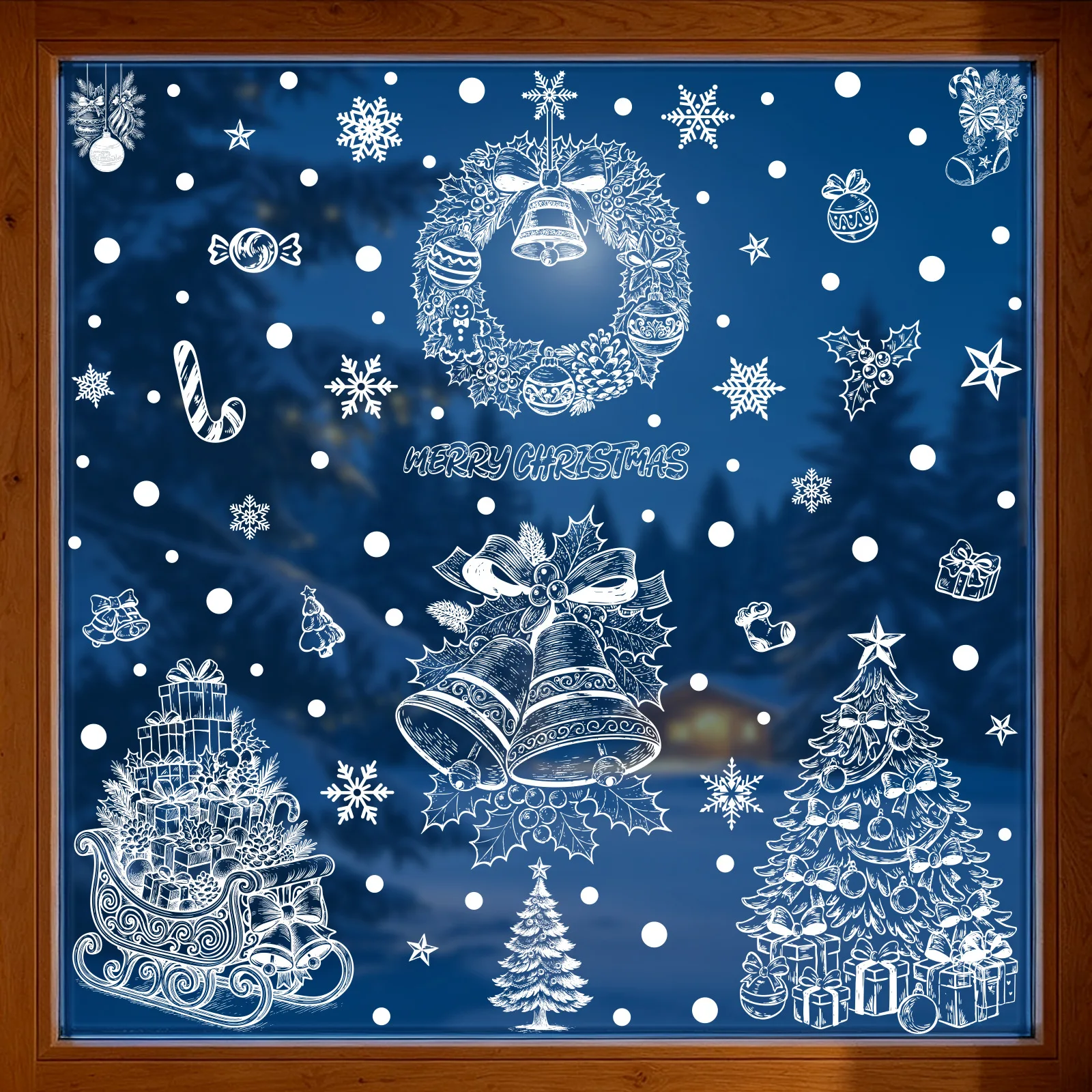 Creative White Christmas Static Glass Stickers Bells Xmas Tree Snowflake Candy Cane Wreath Reusable Window stickers Holiday