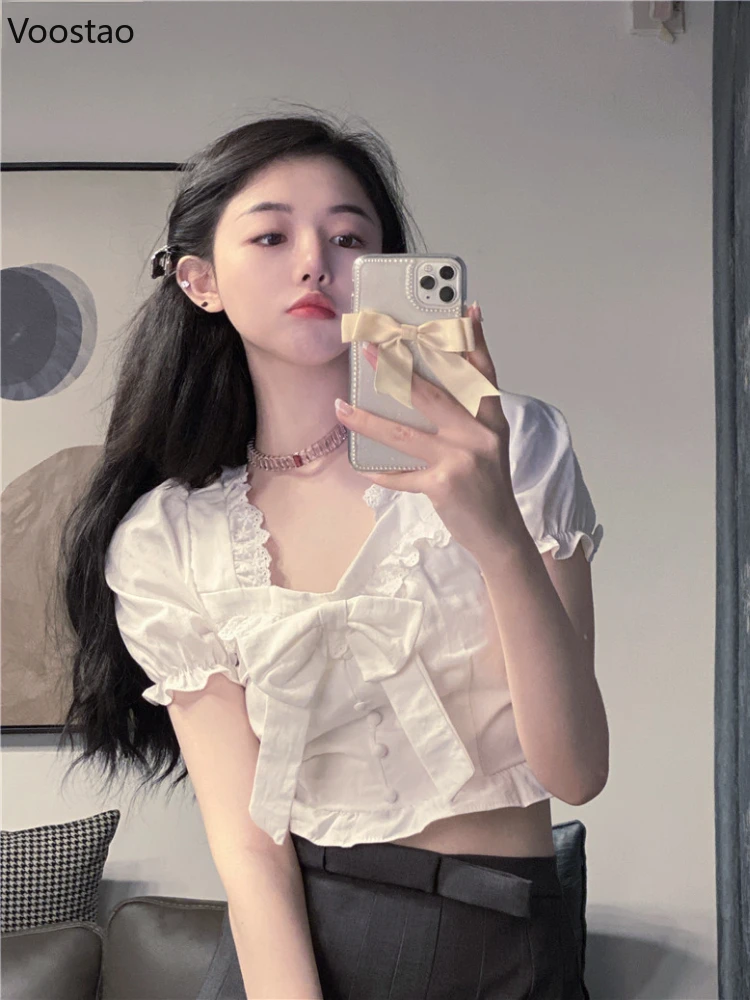 Sweet Lolita Bow T-Shirts Women Square Collar Short Sleeves High Waist White Crop Tops Female Ruffles Tee Shirt Elegant Clothes