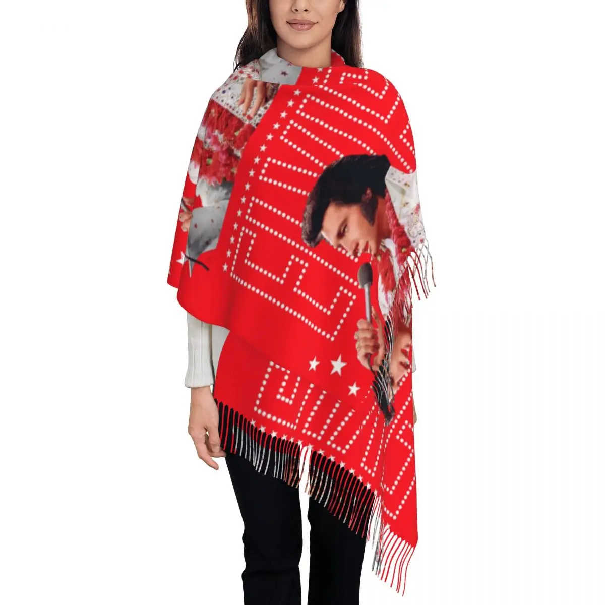 Customized Stylish Elvis And Rock King Tassel Scarf Women Winter Fall Warm Shawls Wraps Female American Singer Actor Scarves