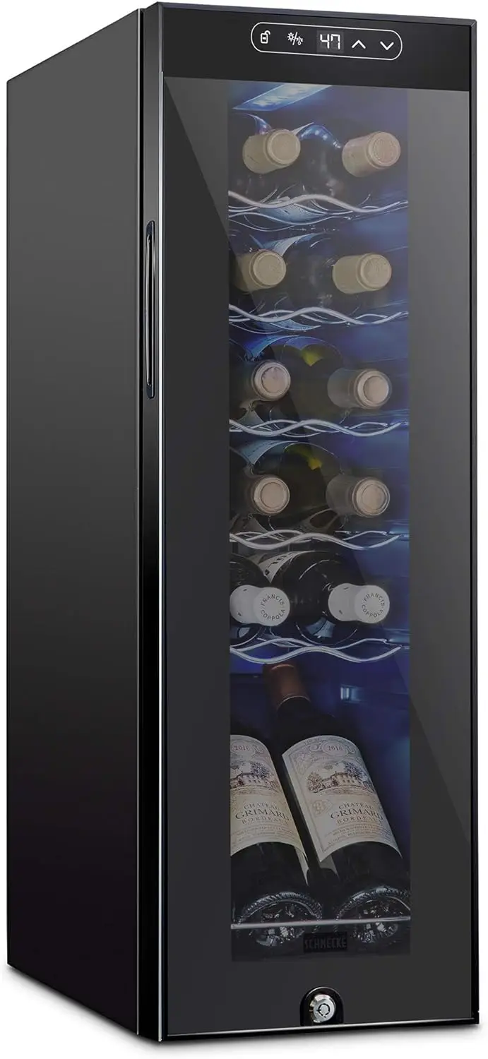

12 Bottle Wine Cooler Refrigerator with Lock, Digital Temperature Control for Red, White, Champagne - Black
