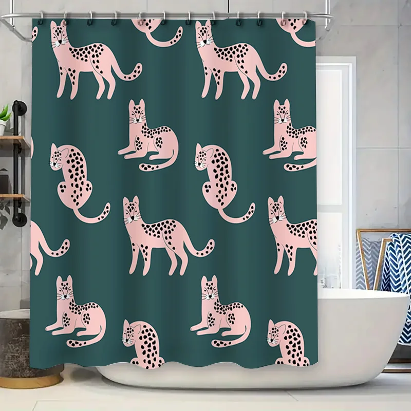 Pink Leopard Print Shower Curtain Set for Bathroom Decor Modern Green Background with Black Spots Cat Design Pattern Cover with