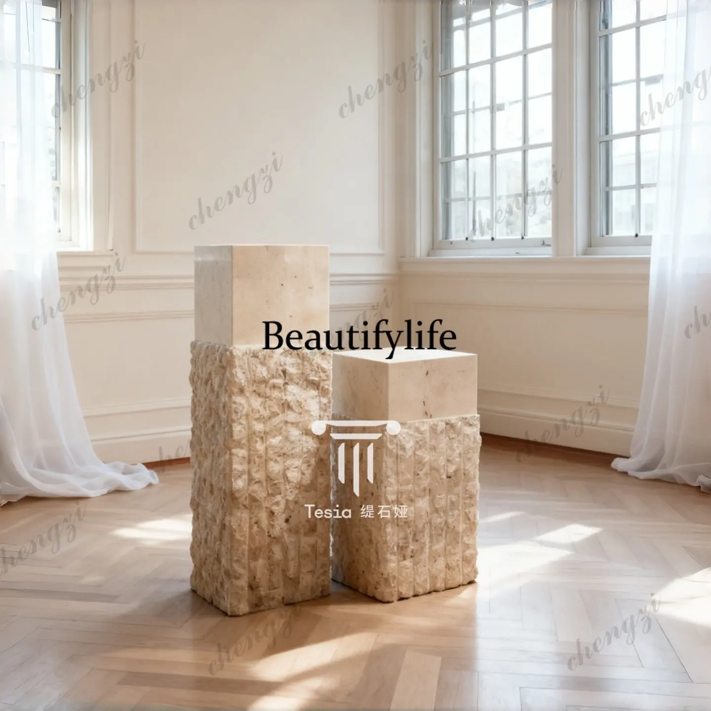 Zen surprise natural beige cave marble floor sculpture base display stand column pier customization