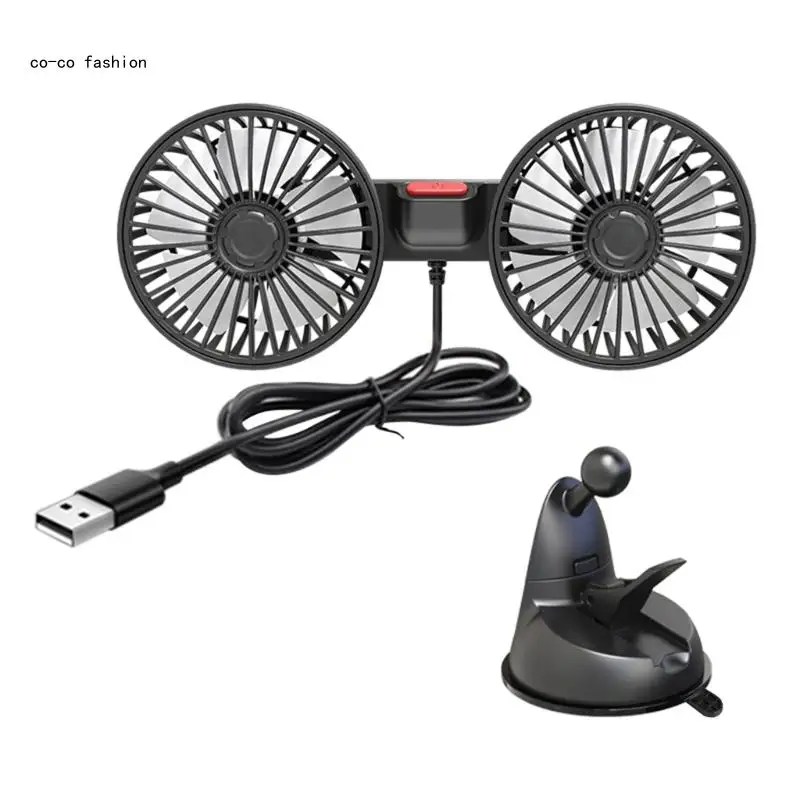 

517B Suction Cup Cooling Fan Dual Head 360° Rotation Cooling Fan for Truck SUV RV Home Office USB Fan 3 Wind Speed Adjustable