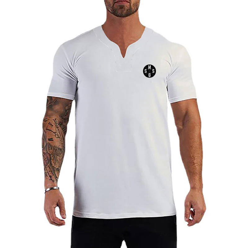 Cool Cotton T-shirt  Summer Mens New Feeling Casual V-neck Exquisite Short Sleeve Letter Printing Fitness Breathable Gym Workout