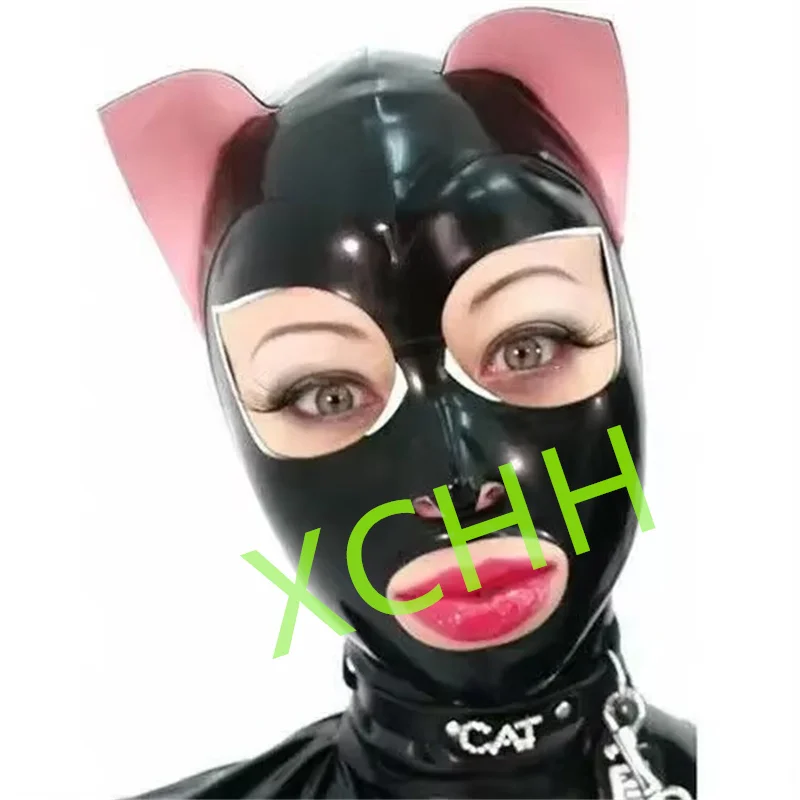 

Handmade Latex Hood Rubber Mask Cat Ear Back Zip Sexy Fetish Headgear Customize Men Women Halloween Cosplay Costume
