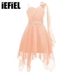 Kid Girls Chiffon Applique Party Dress One Shoulder Asymmetrical Hem Party Clothing with Shiny Crystal Belt Decoration