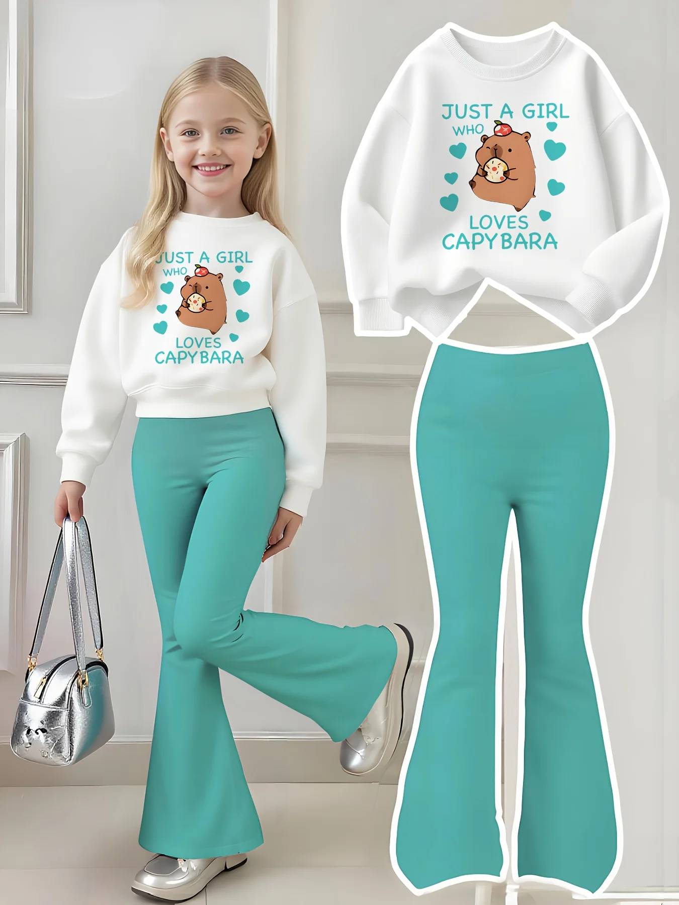 Herbstliches Freizeit-Outfit-Set für Mädchen: Kinder-Sweatshirt-Set, Langarm-Sweatshirt + Schlaghose, zweiteiliges Set mit Capybara- und englischen Aufdrucken, geeignet für Mädchen im Alter von 4-12 Jahren, für Zuhause und Outdoor-Aktivitäten. – Detail 1
