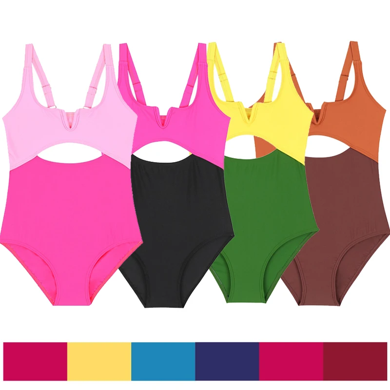 

Girls Multicolor High Waisted Split Swimsuit Fashion Color Blocking Hollow Out Design Bikini Children One Shoulder Swimsuit Sets