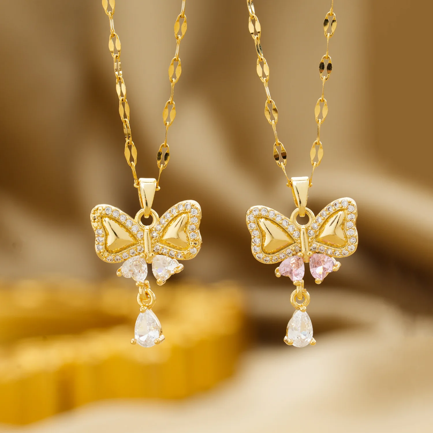 316L Stainless Steel Colorful Zircon Butterfly Pendant Necklace For Women New Luxury Girls Chain Birthday Jewelry Gifts