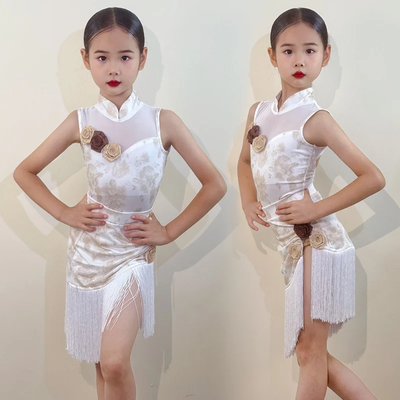

White Fringe Latin Dance Dress For Girls Chinese Style Stage Performance Costume Kids Dance Show Latin Gown Cheongsam VBH1860