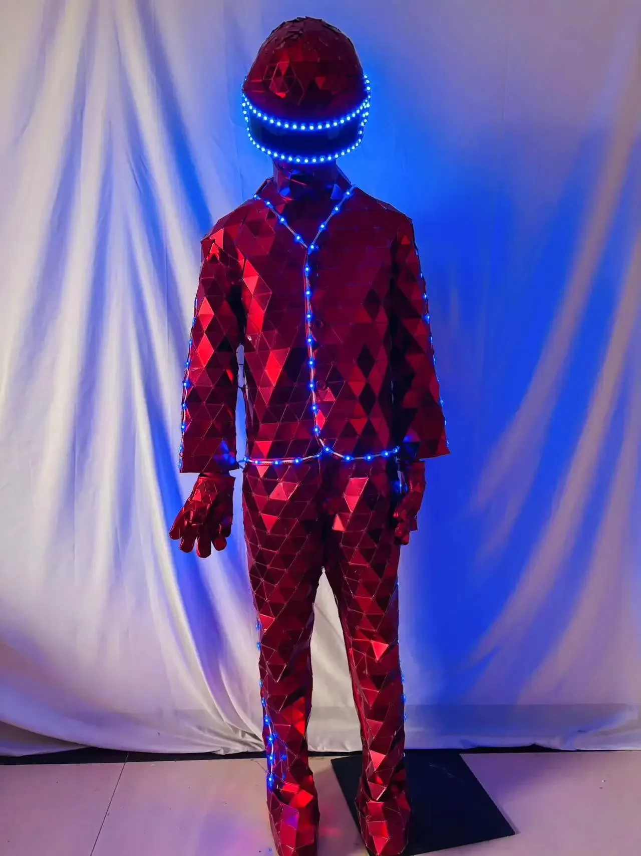 LED Mirror Costume Red Color Lighting Up Stage Costume for Men Hand Made Suit with Mask