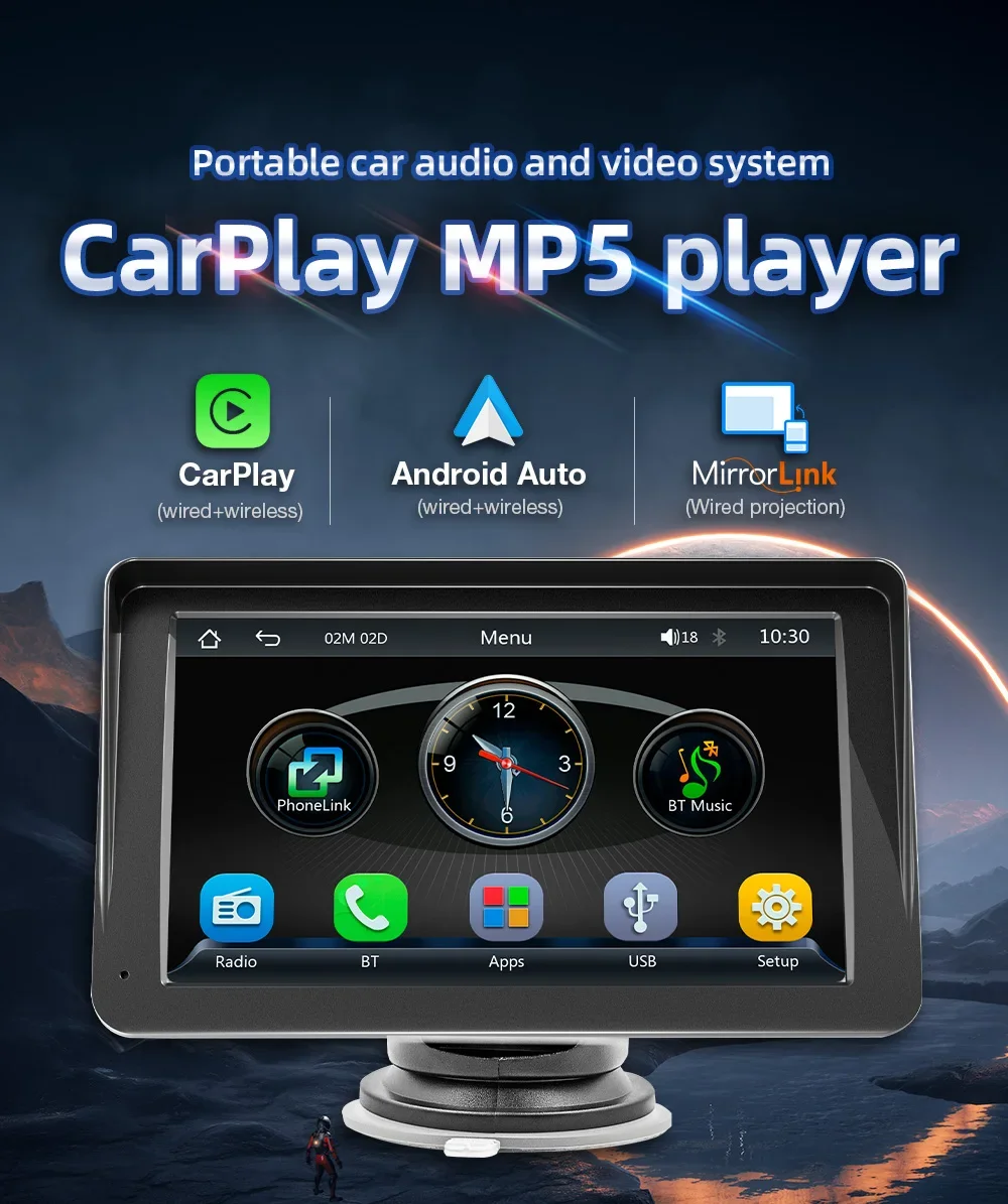 Portable Touch Screen With USB AUX For Rear View Camera 7inch CarPlay Android Auto B5300 Car Radio Multimedia Video Player