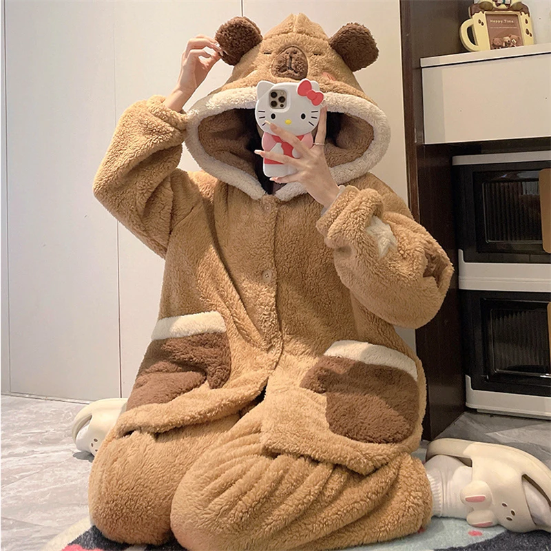 

Kapibala Coral Velvet Sleepwear Thickened And Soft Cartoon Cute Girl Home Clothes Hooded Splicing Top+Pants Set Autumn/Winter