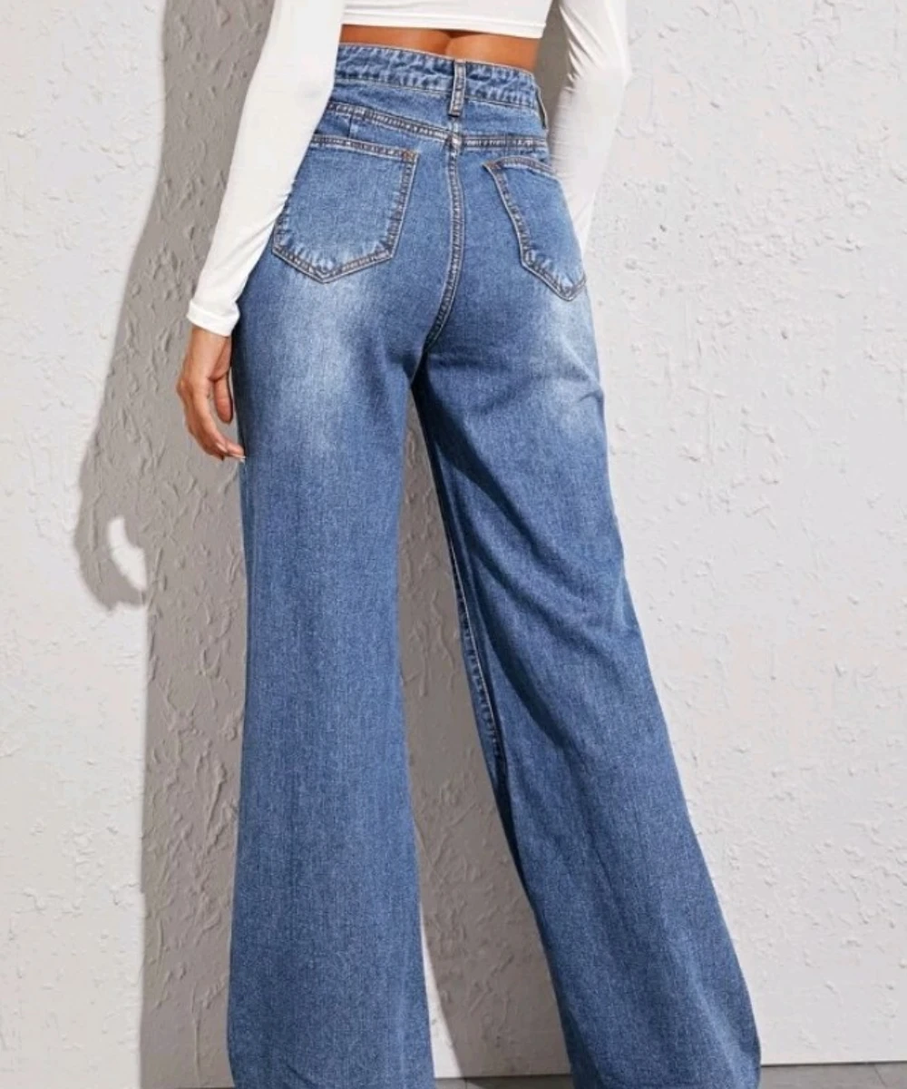 Women Denim Wide Leg Pants Jeans Washing Loose High Waist Pockets Zipper Fly Solid Ankle Length Basics 2024 Distressed