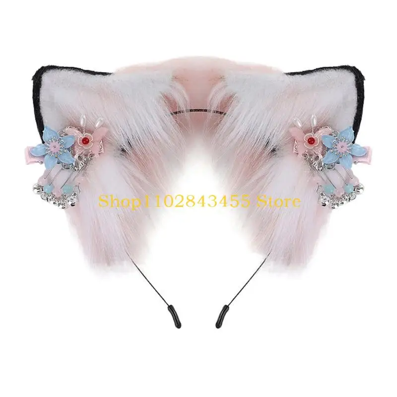 

49MC Cartoon Wolf Ear Hair Hoop with Dangle Flower Decor Hair Holder Party Headwear