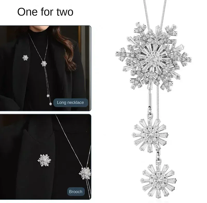 Korean Autumn Winter Snowflake Long Sweater Necklace Brooch Women's Clothing Accessories 2 Ways To Wear