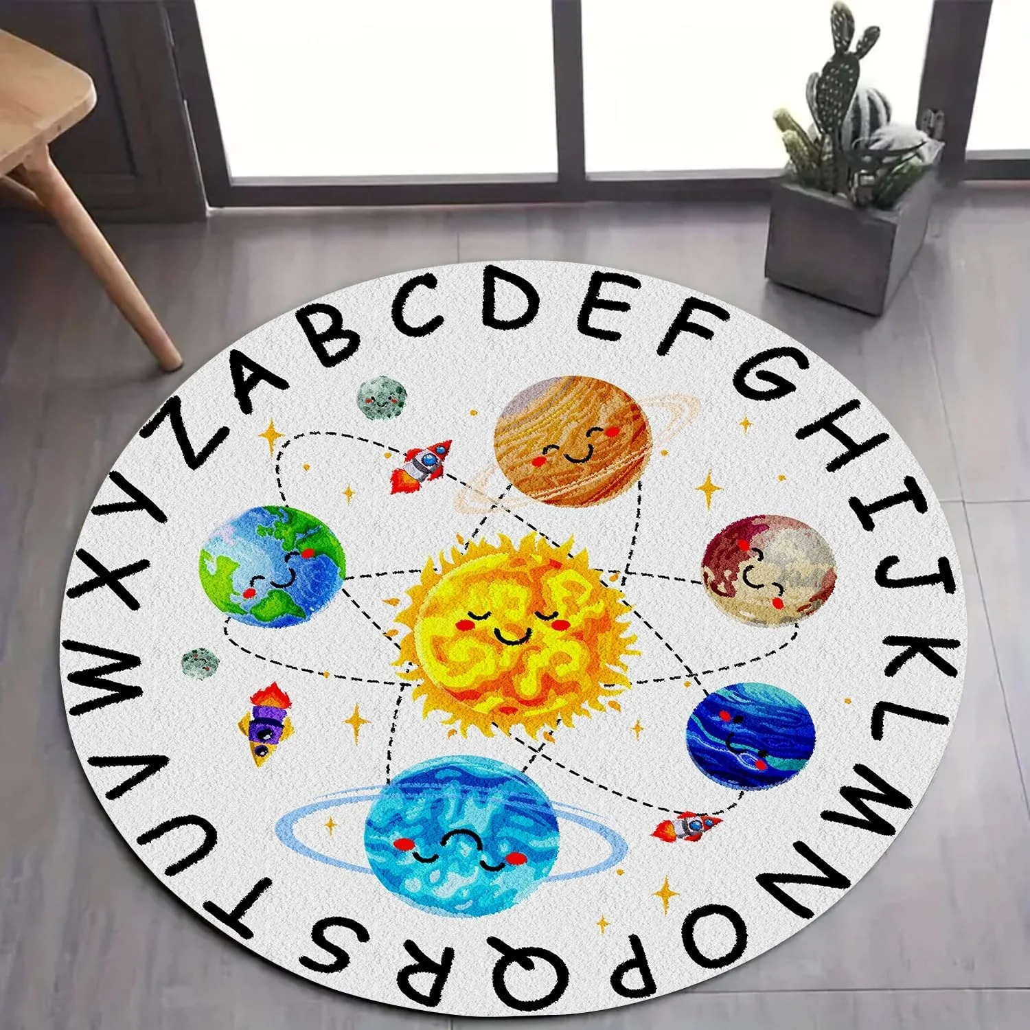 Galaxy Solar System Round Rugs Space Cosmic Rocket Kids Carpet Classroom Nursery Alphabet Mat Non Slip Washable Rug for Bedroom
