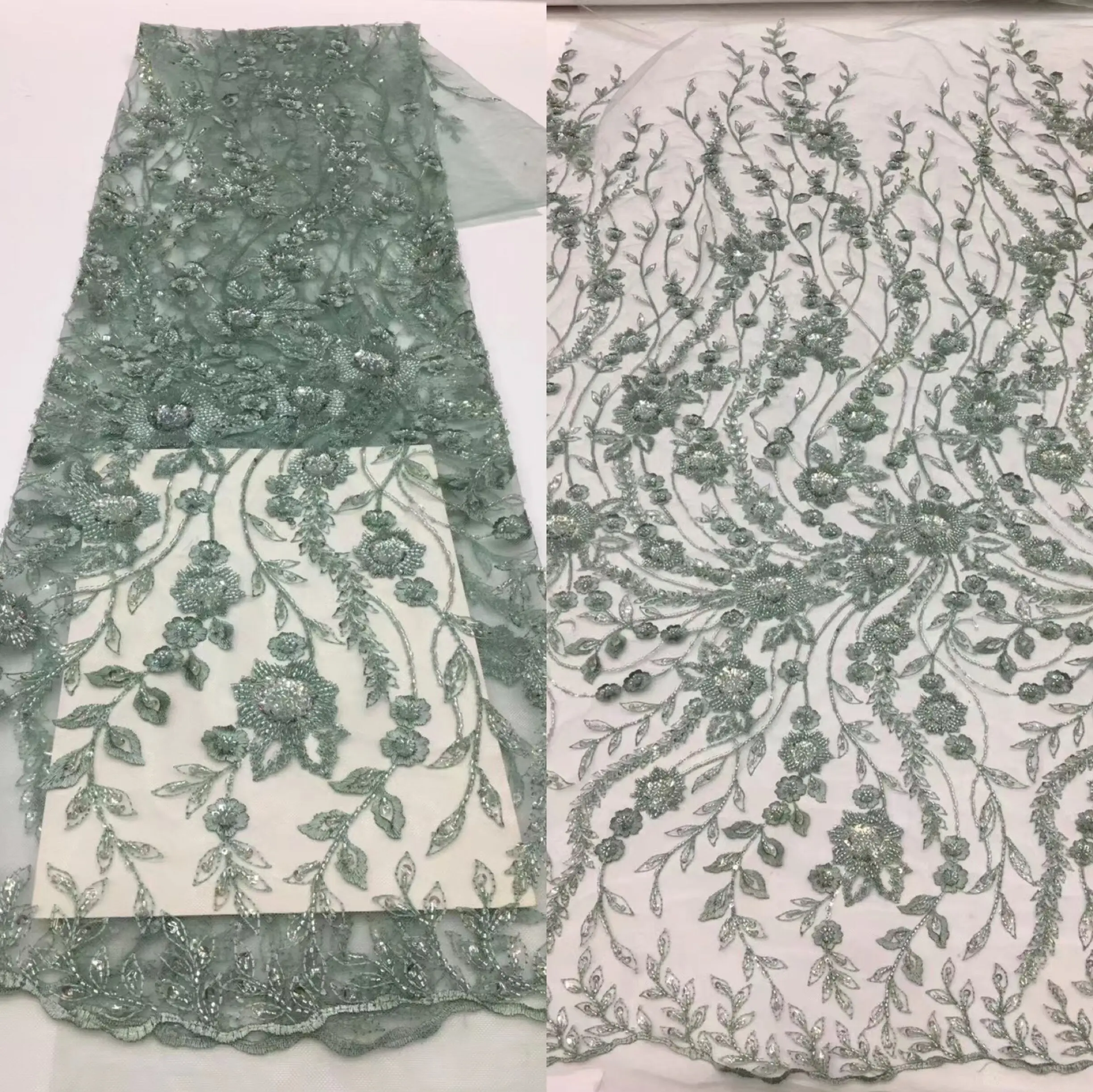 

African Net Mesh Lace Fabric S-12188611 Beads Embroidery Sequins French Tulle Lace for Wedding Dress