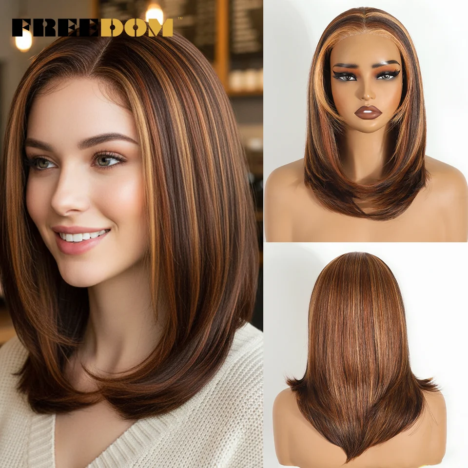 

FREEDOM Pre Plucked Synthetic Lace Front Wigs For Women Ombre Brown Short Bob Layered Straight Wig 6x4 Wear And Go Glueless Wig