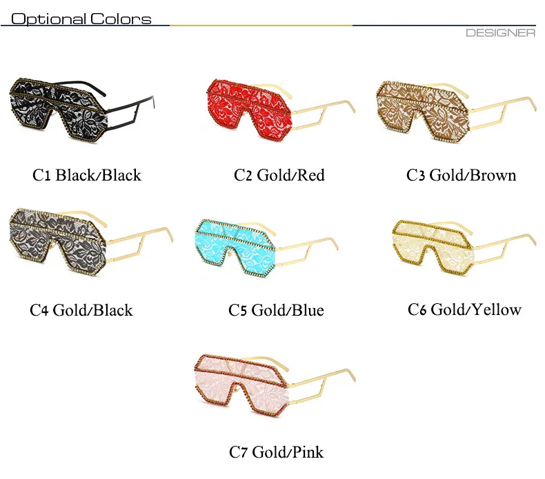Ein Stück Floral Spitze Sonnenbrille Frauen Punk Großen Rahmen Diamant Sonnenbrille Weibliche Flache Top Strass Outdoor Fashion Brillen – Detail 4