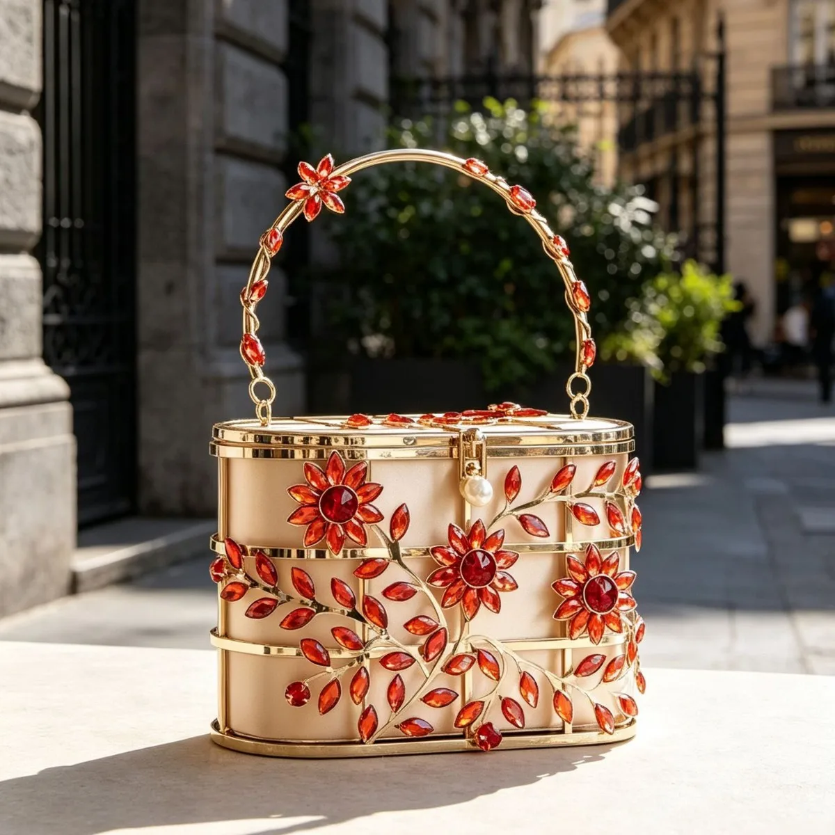 French hollow gilt frame pink diamond flower branch metal ring handbag pearl embellishment gentle delicate birdcage bag