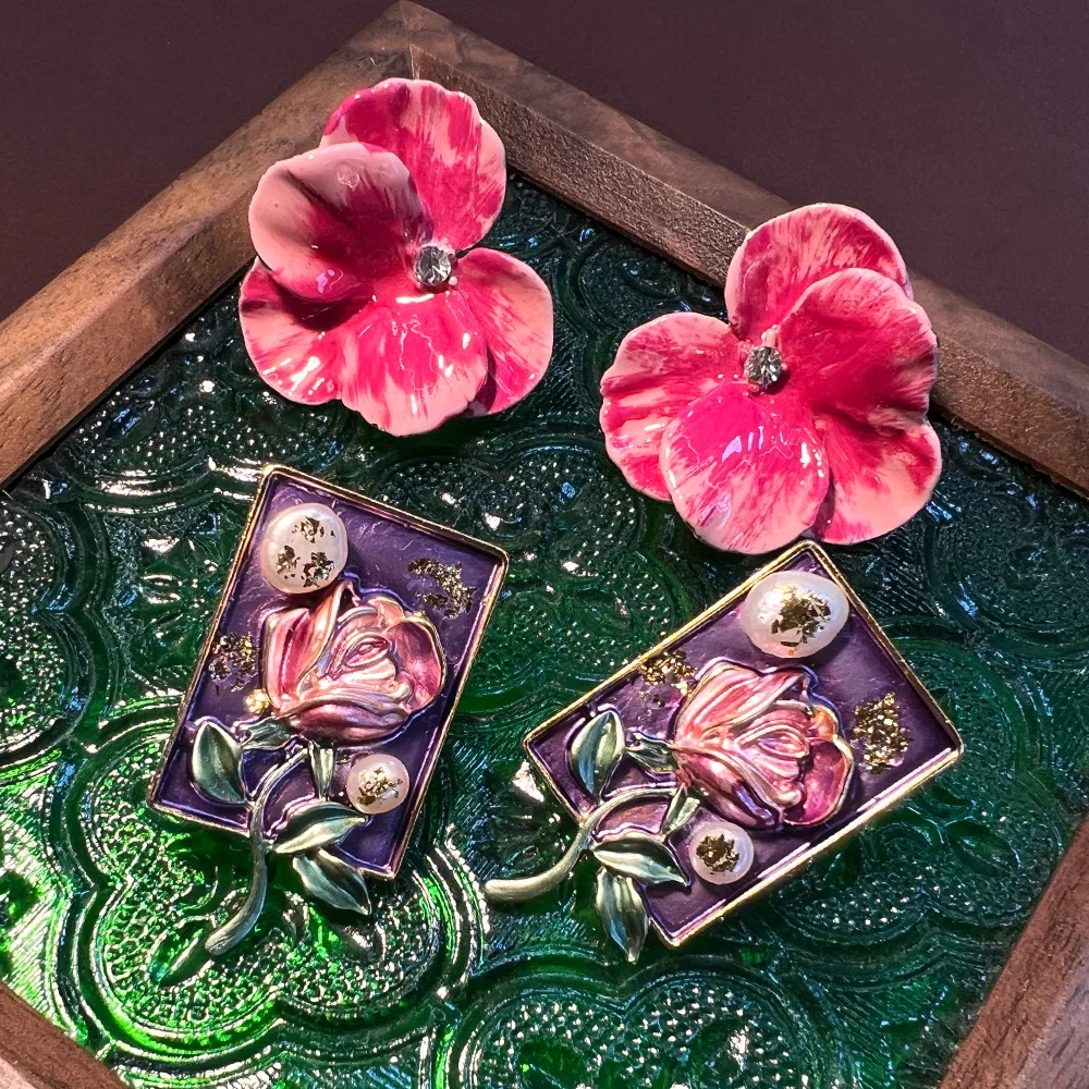 Oil painting enamel copper plated real gold Internet celebrity hot-selling exquisite niche violet rose S925 light luxury French
