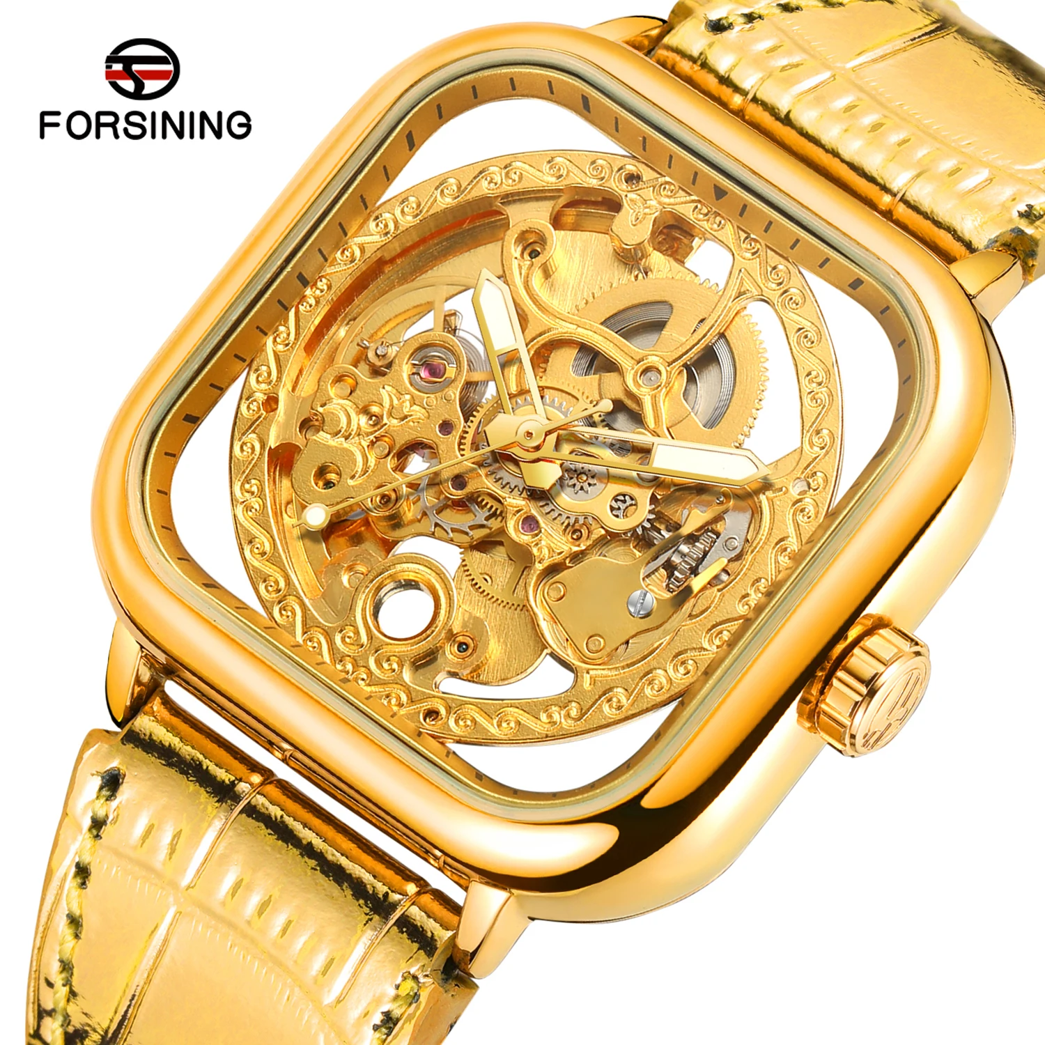 

FORSINING мужские часы с квадратным корпусом и гравировкой, автоматические механические часы со скелетом, светящиеся стрелки, ремешок из натуральной кожи, мужские часы
