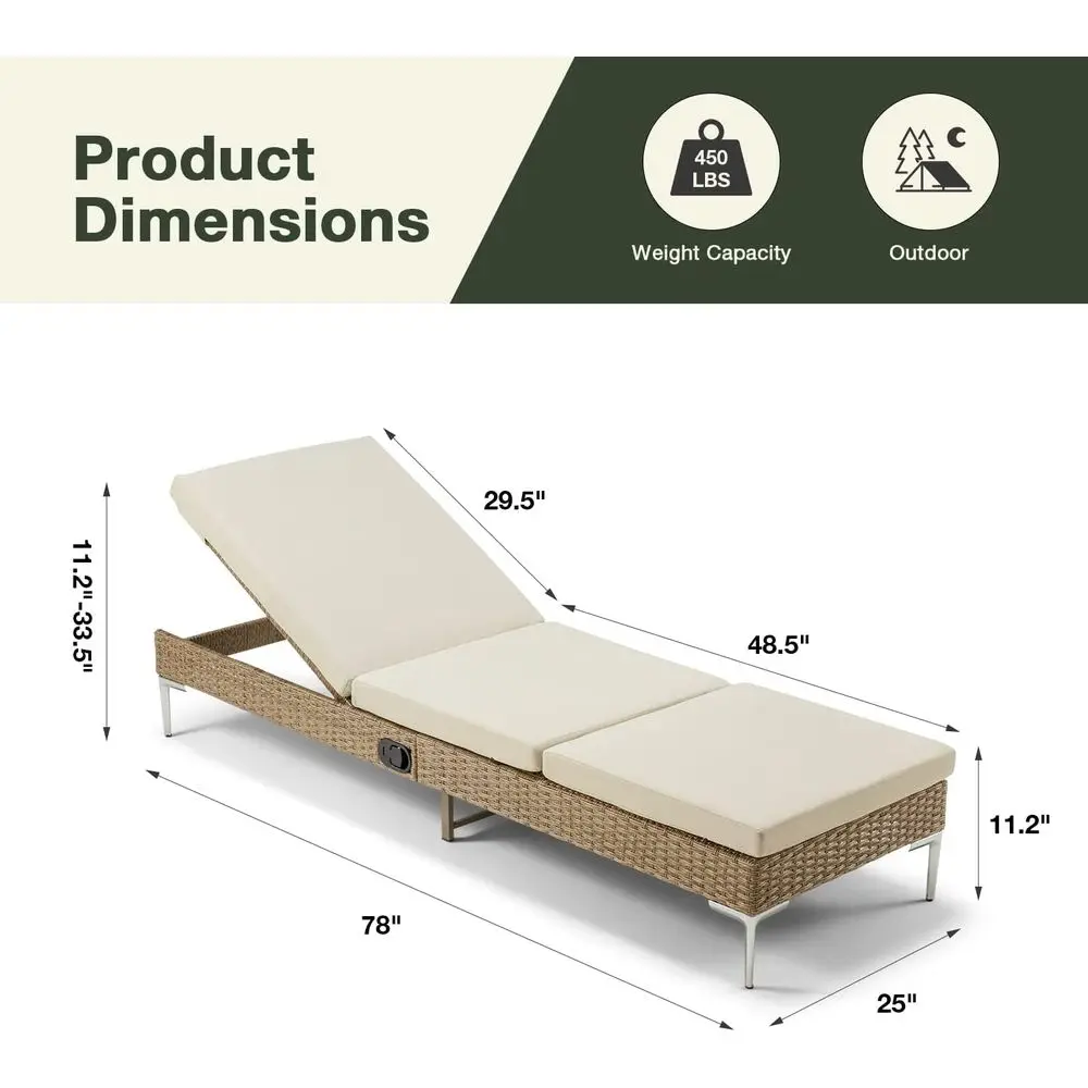 Chair Set o 2, Patio Wicker Lounge Chairs with Adjustable Backrest, Rattan Pool Suthing Chaiser with Removable Cushion (Khaki)