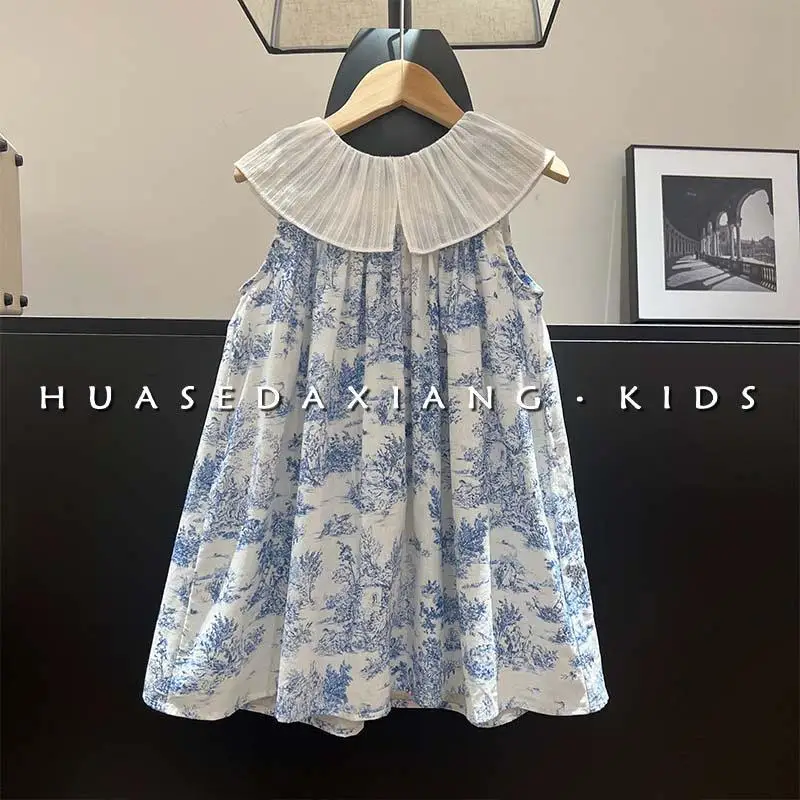 

frock for girl dress Retro Lotus Leaf Collar Ink Painting Tank Top Skirt flower baby girl dresses 1 2 4 6 8 9 10 11 kids clothes