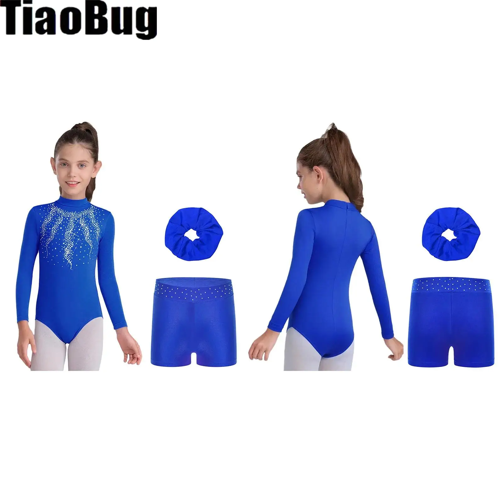 

Kids Girls Dance Outfit Back Invisible Shiny Rhinestone Leotard with Rhinestones Waistband Shorts And Hair Band