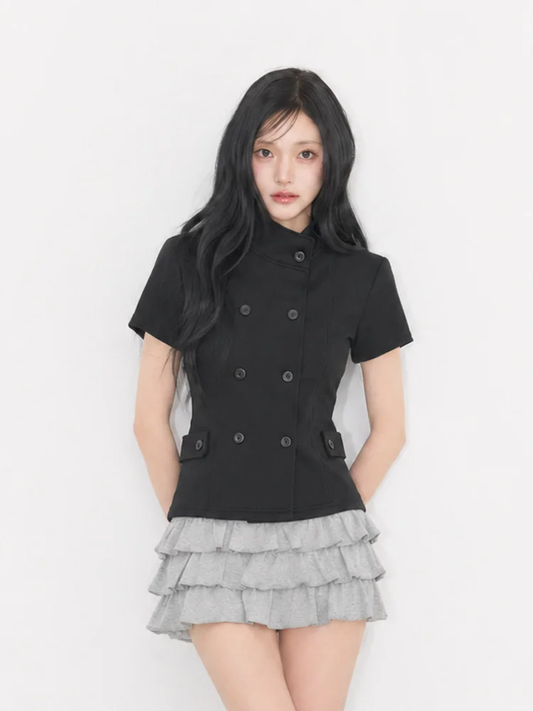 Women Korean Minimalist Y2K Streetwear Stand Collar Double‑Breasted Button Detail Short Sleeve Fitted Cropped T‑Shirt