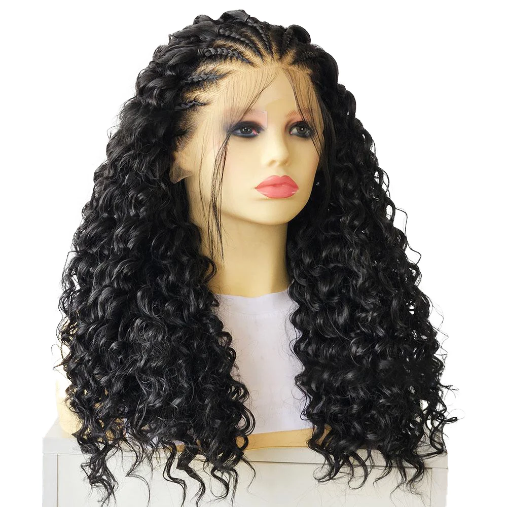 26-inch zwart gevlochten krullend haar 13x4 voorkant handgehaakt synthetisch haar, geschikt voor dames dagelijks feest Halloween vlecht pruik