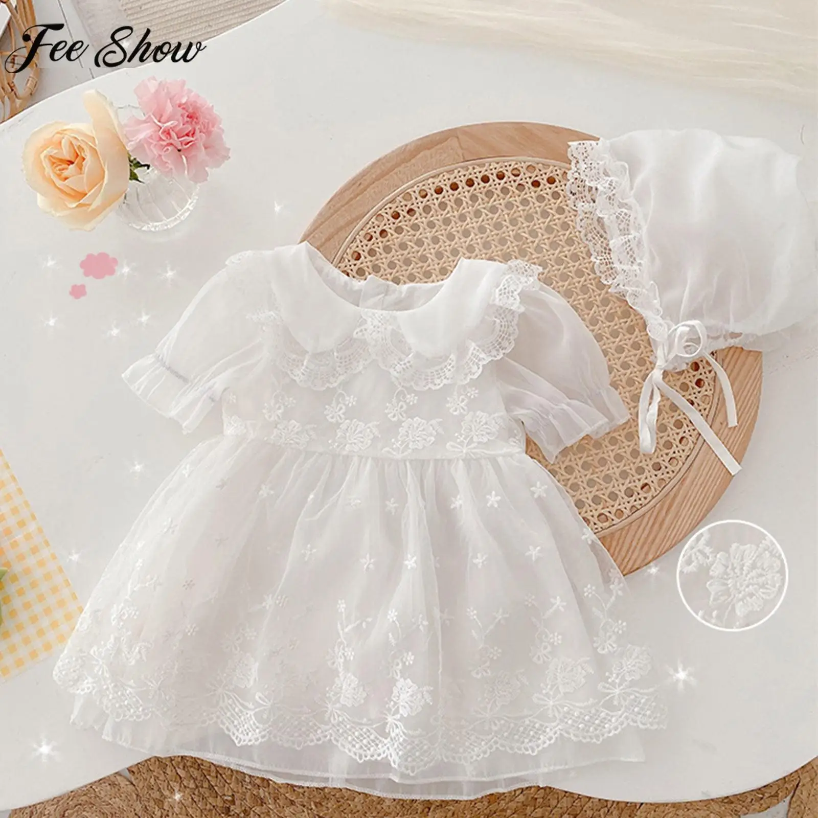 

Baby Girls Floral Embroidery Baptism Party Dress Short Sleeve Lace Solid Princess Dress for Christening Wedding Birthday Banquet