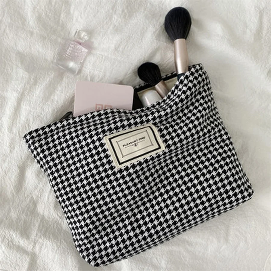 Women Lattice Cosmetic Bag Houndstooth Large Solid Black Makeup Bag Travel Beauty Case Storage Organizer Clutch Toiletry bag