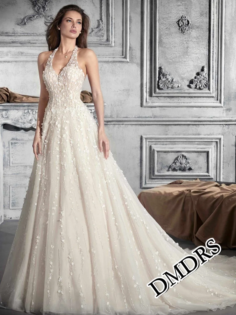 DMDRS 섹시한 V 넥 웨딩 드레스 클래식 A 라인 신부 가운 정장 아플리케 바닥 길이 웨딩 드레스 Vestidos De Novia