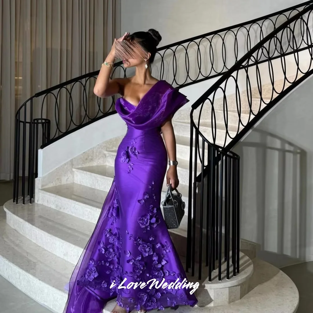 

Purple One Shoulder Evening Dress 2025 Satin Sleeveless 3D Flowers Mermaid Sweep Train Floor-Length Pleat Party Dress Customized