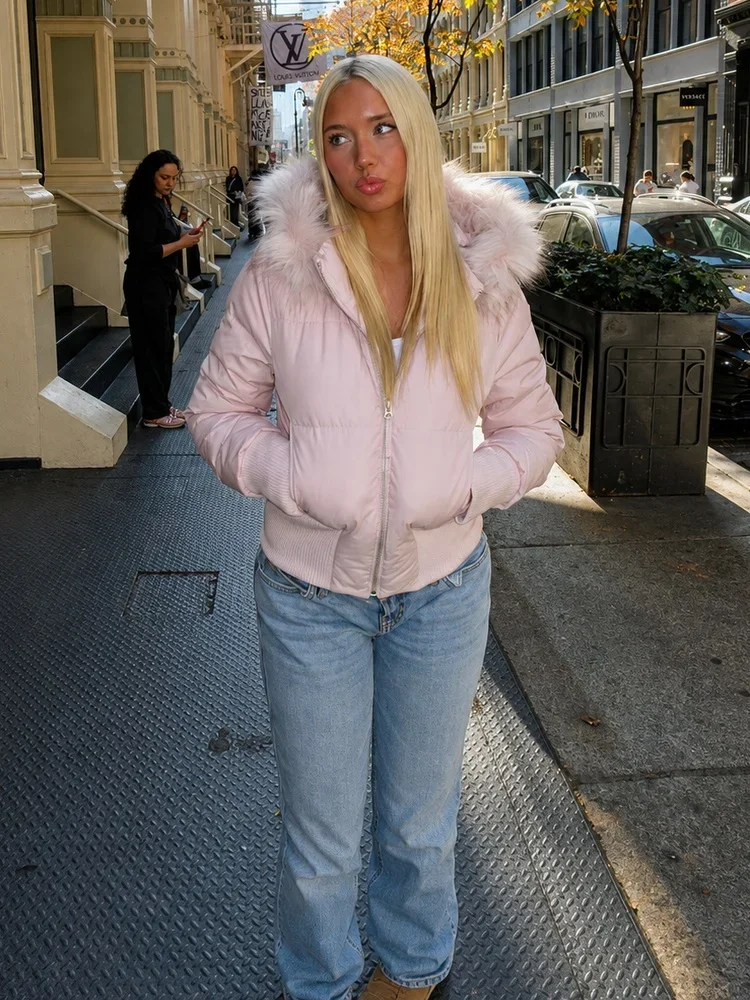 Faux Fur Trim Hooded Cropped Puffer Jacket Zip Up Long Sleeve Ribbed Cuff Solid Color Quilted Winter Daily Street Jacket