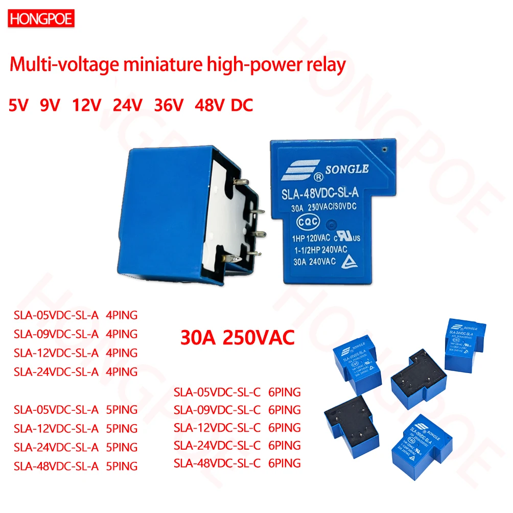 HONGPOE SLA-T90 30A 250VAC Miniature High-Power Relay 5V 9V 12V 24V 48V DC Sealed Type for SMPS Industrial  New energy Control