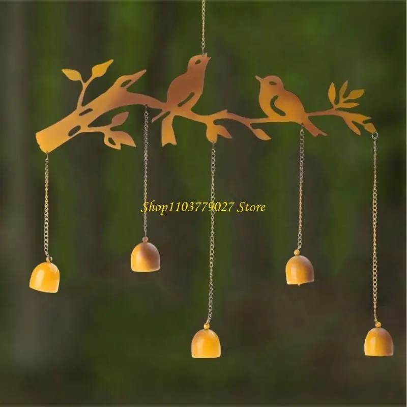 

C4DF Hanging Wind BellIron Birds Windchime Iron Art Glass Wind Charm Pendant Ornament