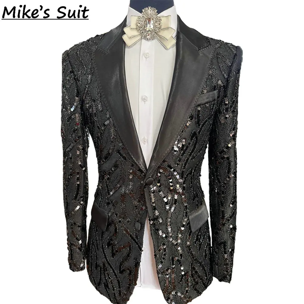 Men 2‑Pieces Black Sequined Beading Tuxedo Satin Peak Lapel Blazer Pants Set Luxury Formal Suit For Wedding Groom Prom