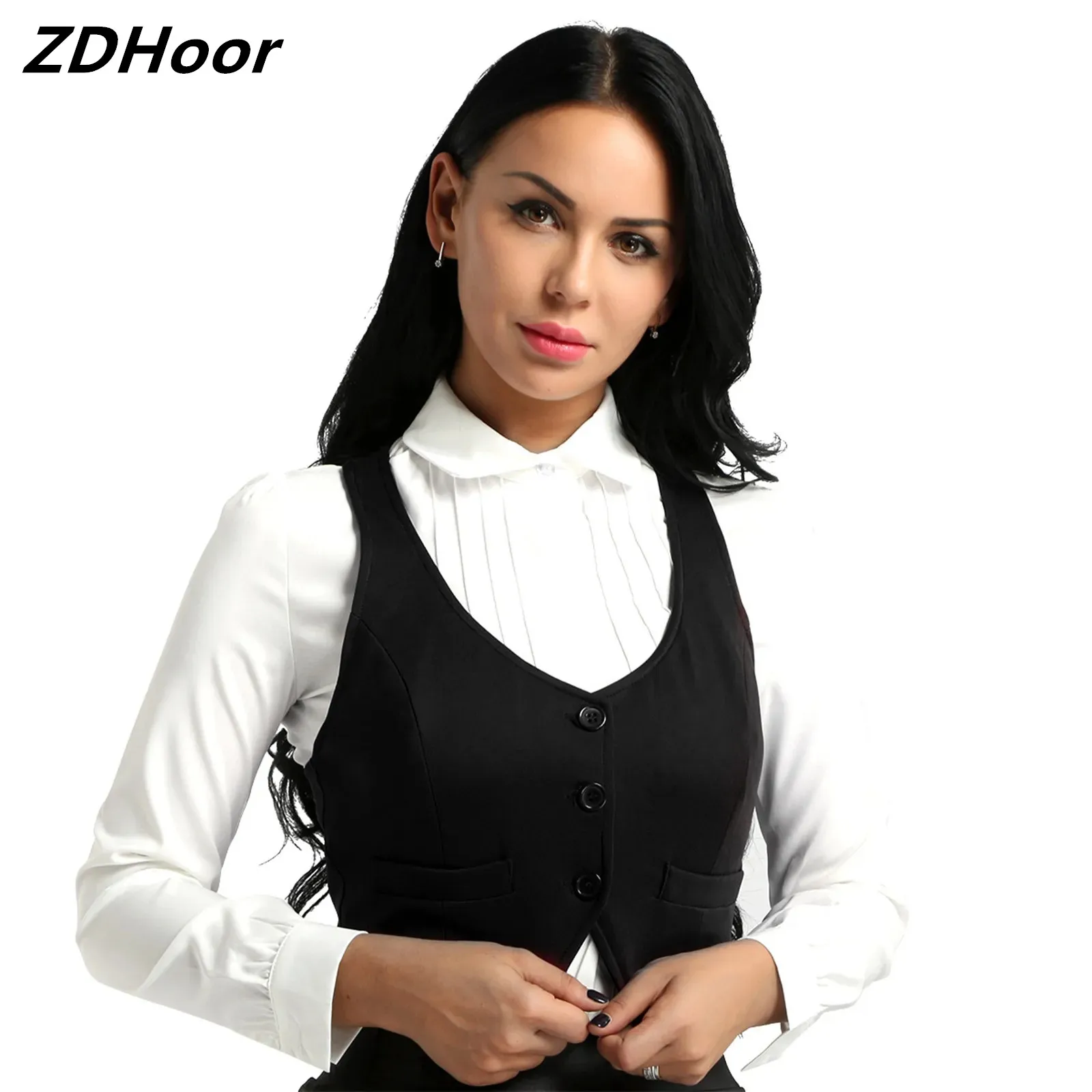 

Womens Racer Back Classic Vest Button Down Fitted Shirts Fashion V-Neck Sleeveless Separate Waistcoat