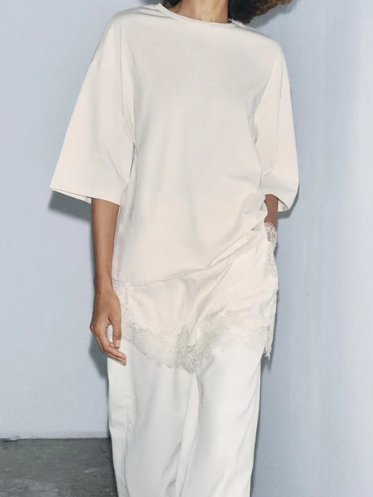 

2025 New Women's Clothing: European and American Style Fashion Short-Sleeved Lace-Trimmed Asymmetrical T-Shirt