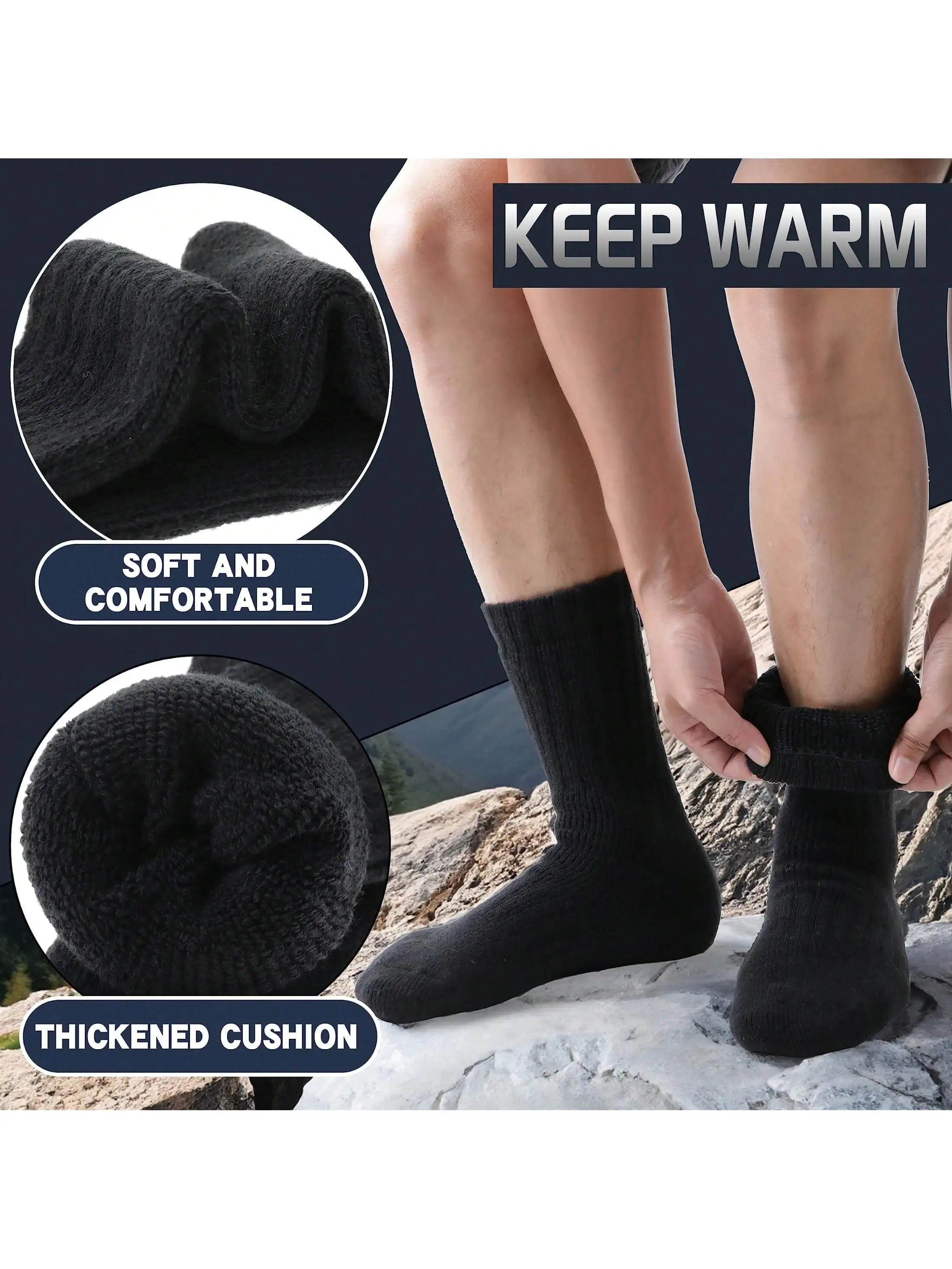 5 Pairs of Men's Solid Color Thickened Fleece-lined Terry Mid-Calf Socks for Winter, Comfortable, Simple & Warm Calf-Length Sock