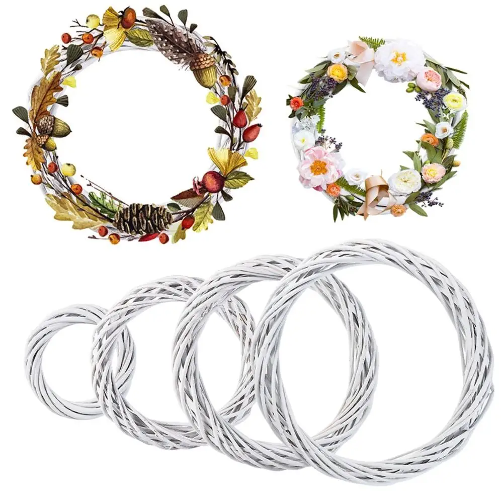 White Garland Wicker Round Design Christmas Tree Rattan Wreath Ornament Vine Ring Decoration Home Party Hanging Flower Craft