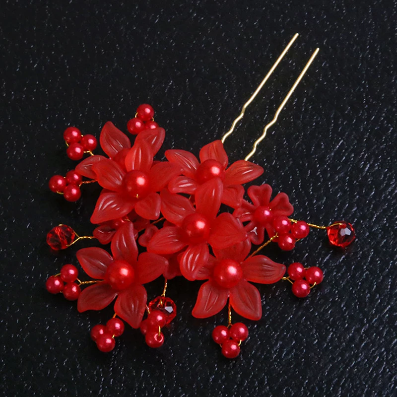 Handmade Red White Pearl Flower Wedding Hairpins Crystal Beaded Bridal Hair Pins Sticks For Women Girls Hair Jewelry