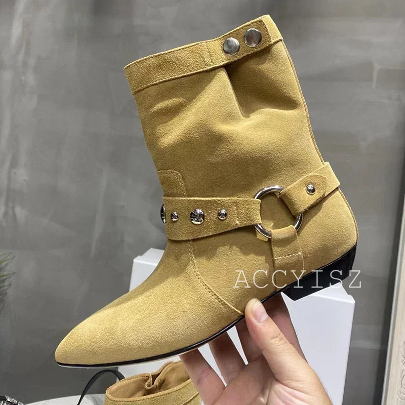 Retro Rivet Short Boots 2024 New Flat Bottom Matte Pointed toe Western Cowboy Boots Women's Metal Buckle Pullover Short Boots