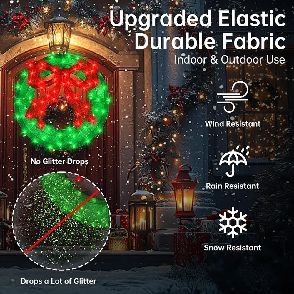 24 ярких светодиодных рождественских венок с красным бантом — большое освещенное наружное украшение для окон и входной двери