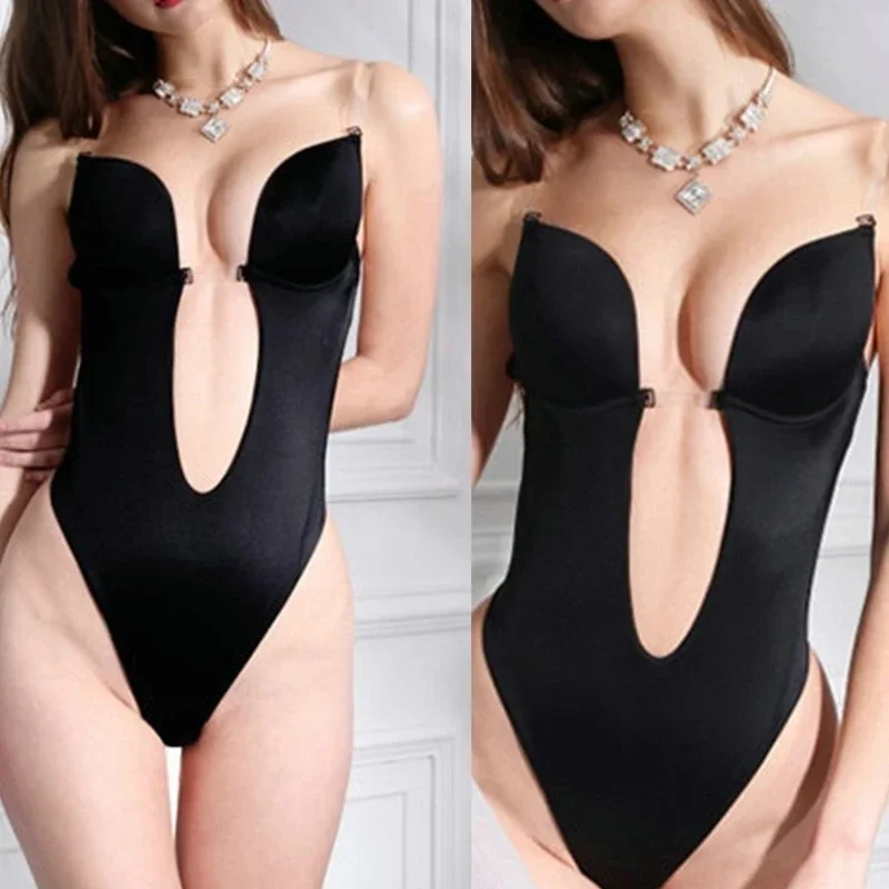 Invisible Shaper Bra Bodysuit Corset Backless Deep V-Neck U Plunge Thong Waist Trainer Clear Strap Padded Push Up Shapewear image 2